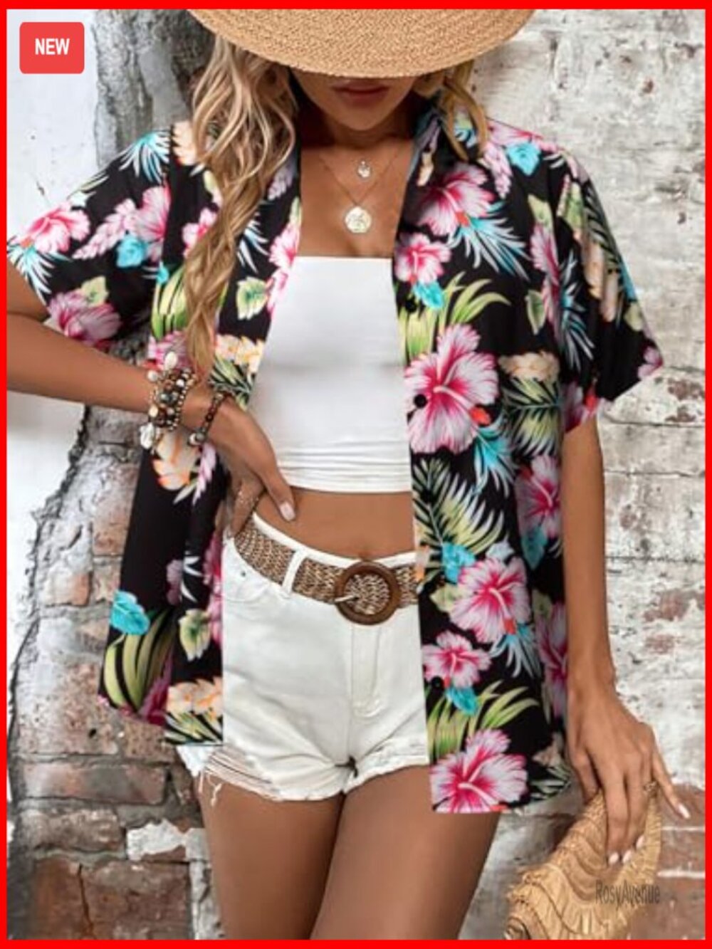 Women's Hawaiian Floral V-Neck Button Down T-Shirt Short Sleeve Summer Top - Picture 5 of 7
